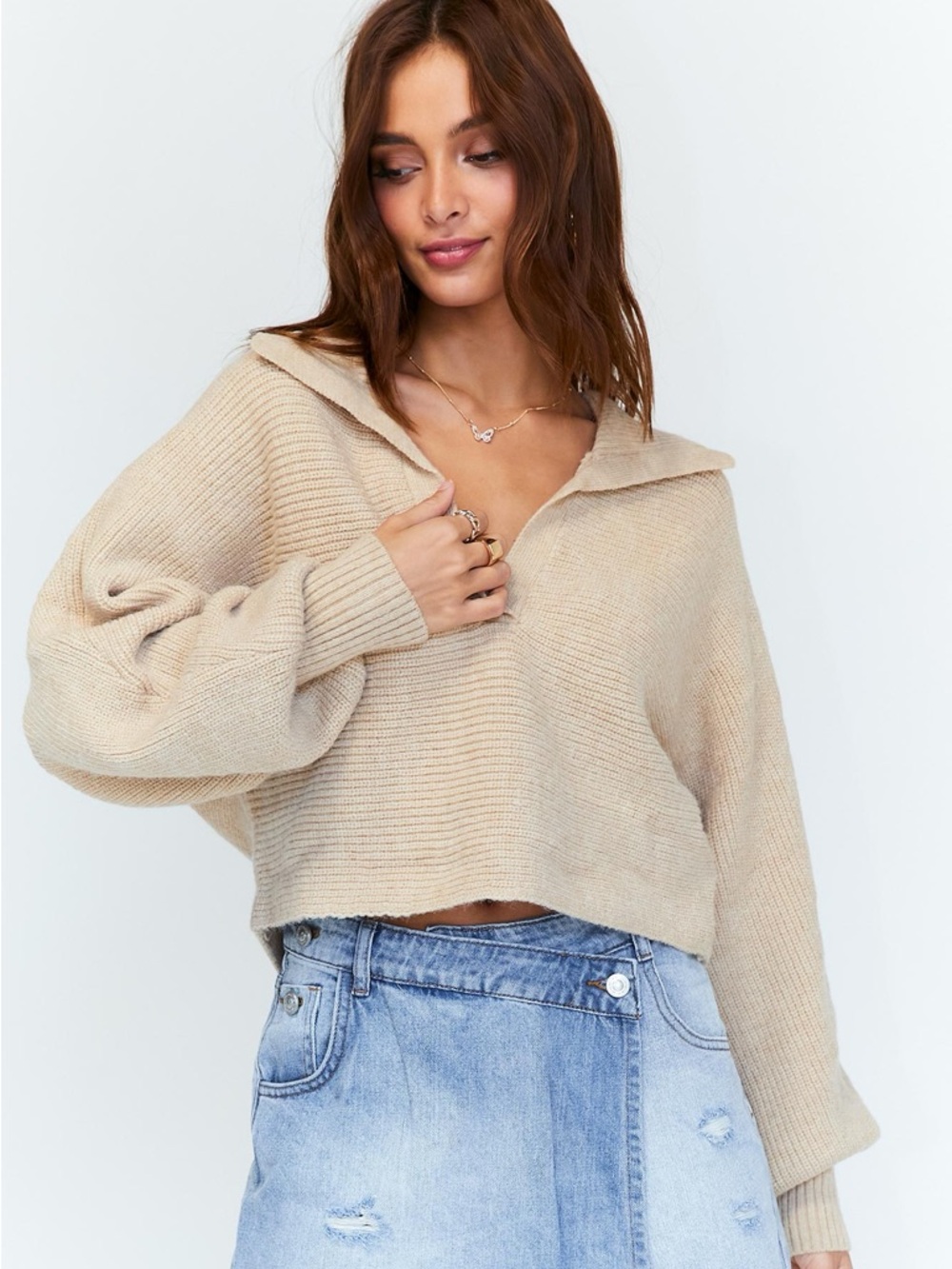 Princess Polly Tiara Cropped Sweater Beige S/M Oversized Soft Knit V-Neck